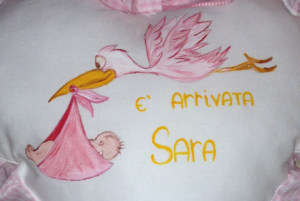 FIOCCO NASCITA BIMBA A CUORE ROSA IN PITTURA CICOGNA - immagine 2